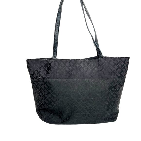 Tommy Hilfiger Tote Black Fabric Bag Allover Monogram Pockets Preppy Shopper - Picture 2 of 15
